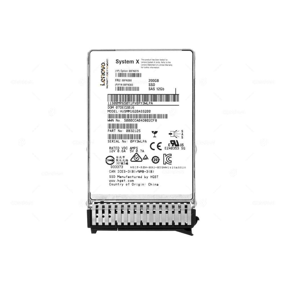 00FN380 IBM HARD DRIVE 200GB SAS SSD 12G 2.5 SFF MLC M5 00FN383, 00FN379, HUSMM1620ASS200